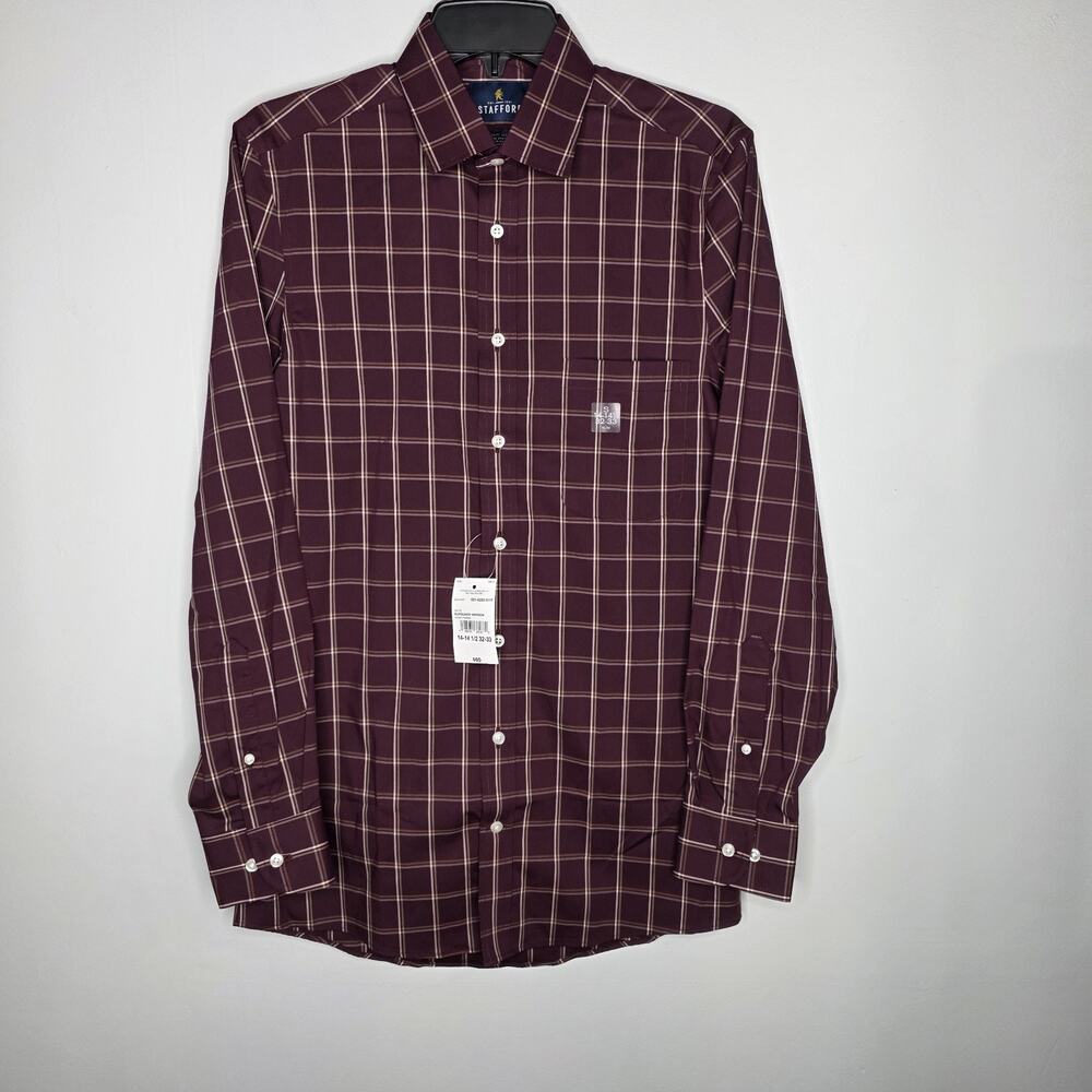 Stafford Smart Tech Mens Burgundy Window Long Sleeve Dress Shirt 14-14.5 32-33